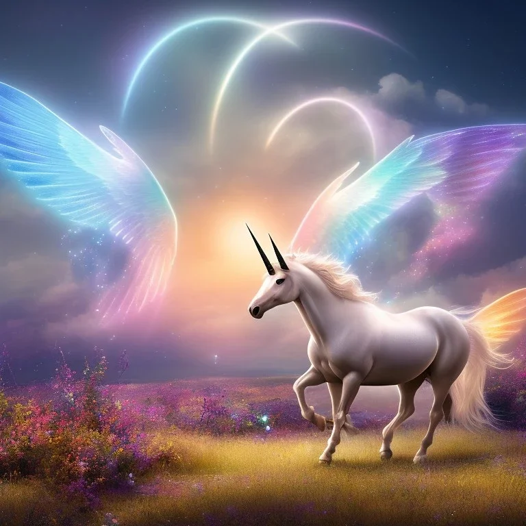  unicorn on luminous landscape, realistic, unicorn with glowing wings, glowing soft and smooth wings, shadow, highly detailed, intricate patterns on wings, soft studio lighting, smooth dark blue background 64k