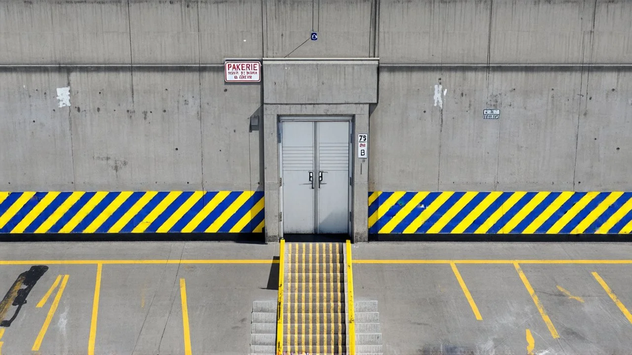 wall design for parking garage, concrete, yellow painted hazard lines, weathering and water stains, in middle is a realistic steel double doors to a stairway, with a sign is above. rough painted hashmarks and parking lines, add signage found in a parking garage.