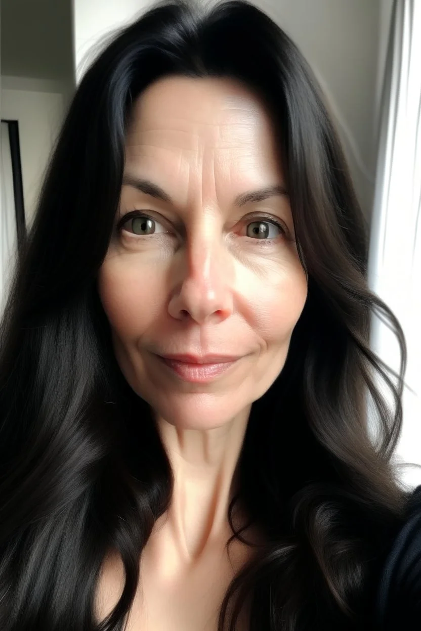 A selfie of a brunette woman with a round face, long hair taken at spa salon. showing incredibly beautiful extremely attractive 47-year-old European woman. (She has white skin, tousled black hair, pretty face without makeup, big round brown eyes, cute profiled nose, detailed full lips.)