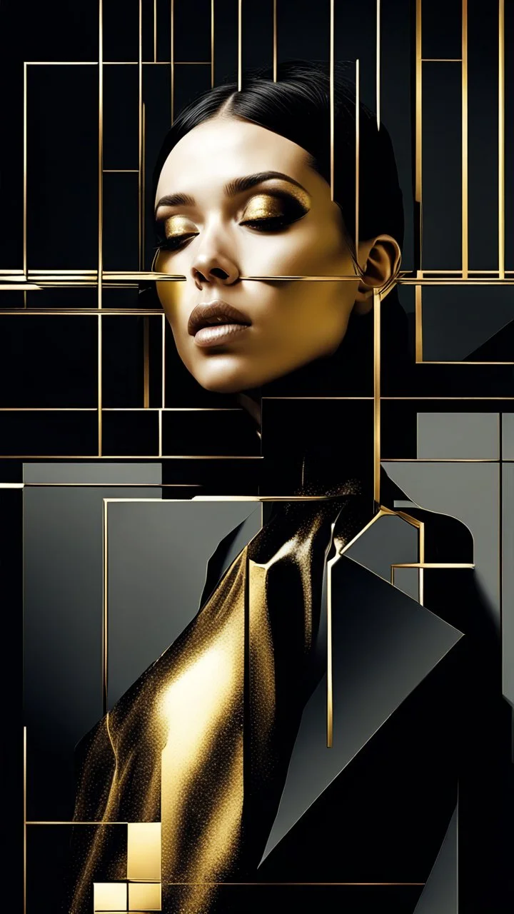 minimalism,Abstract black and gold minimalism geometric surreal beautiful fashion portrait,splash art explosion,minimalist surreal surrounding background,surreal lonely depth,deep soul spirit,fantasy surreal geometry,flat,utopia,album art,cover art,album cover,cinematic,8k,epic movie still,sharp focus,by Gustav Klimt,pascal blanche,rutkowski,repin,artstation hyperrealism painting concept art of detailed character,design matte painting,leaf