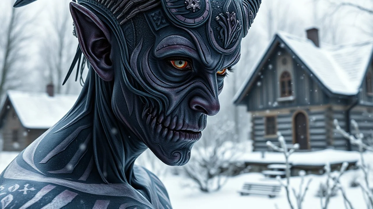 holographic simulation, beautiful xenobiotic alien man demon, scandinavian black tattoo on the body, super detailed face, bloody eyes, against the backdrop of old dzherevyanny houses in the winter forest, falling snow in winter, professional photo, 4k, high resolution, high detail, close-up, octane, body art, patterns, lavender color, silver wire, artistic elven fantasy, filigree, dark botany, ultra detail, dark botany, photorealistic image