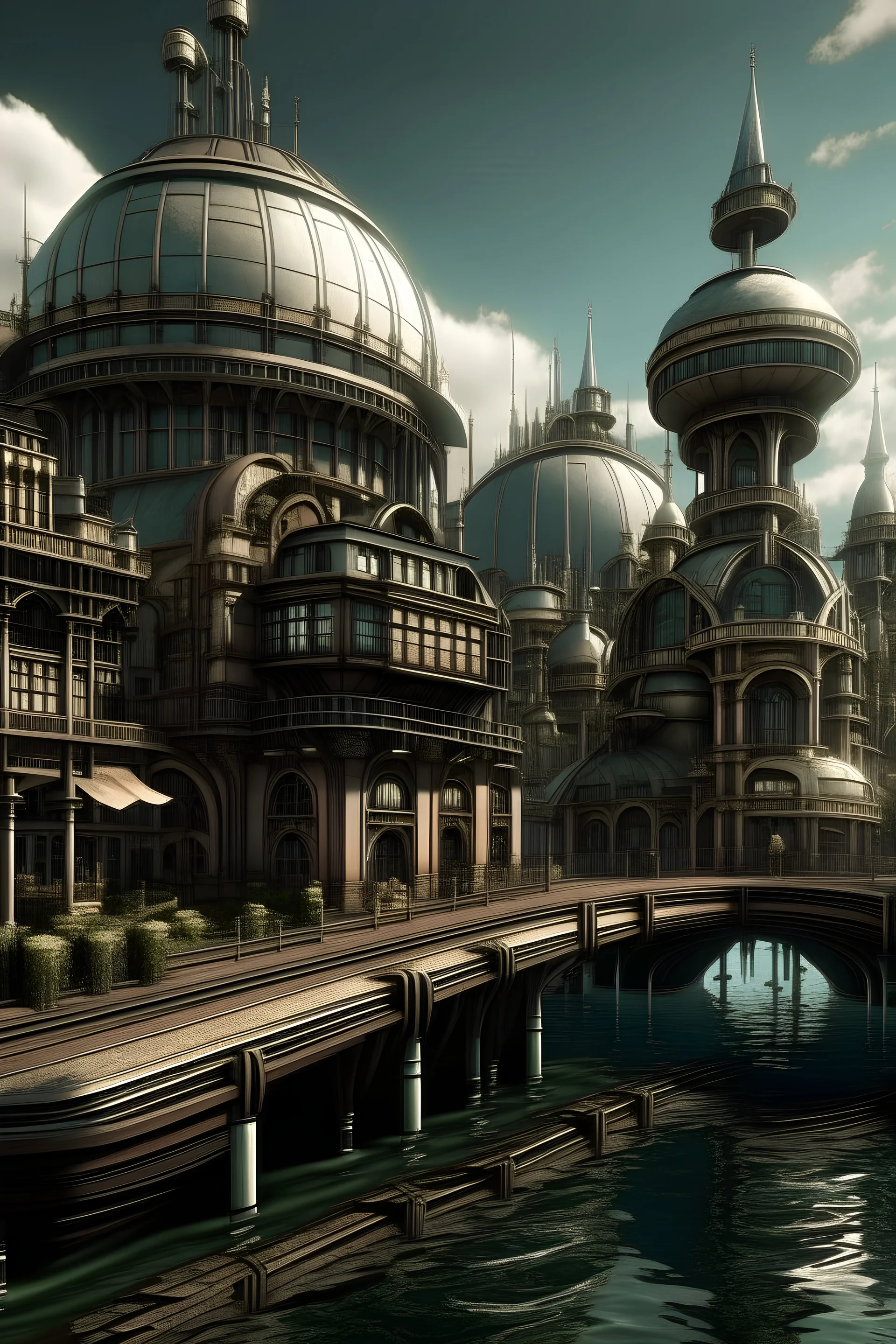 Describe a city where futuristic technology meets Victorian-era aesthetics