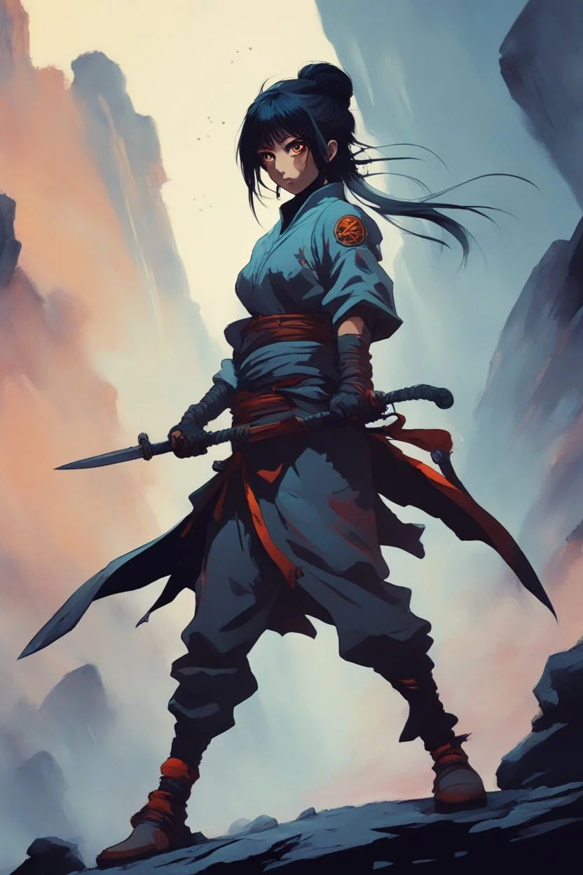 Original anime Japanese female kungfu warrior main character . Studio ghibli style mixed with Frank Frazetta. Mobius style background. Iconic character design. Dynamic silhouette . Unique features. Make the eyes the focal point. Dystopian sci-fi . Stone cold killer. Brilliant use of color theory and cinematic lighting.