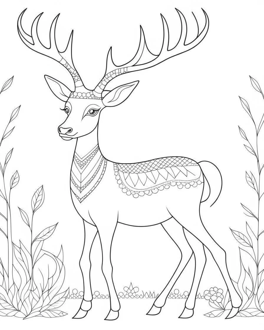 coloring pages: Playful deer in a vibrant, whimsical setting, exuding joy and charm, with soft and diffused lighting to enhance the cheerful atmosphere.
