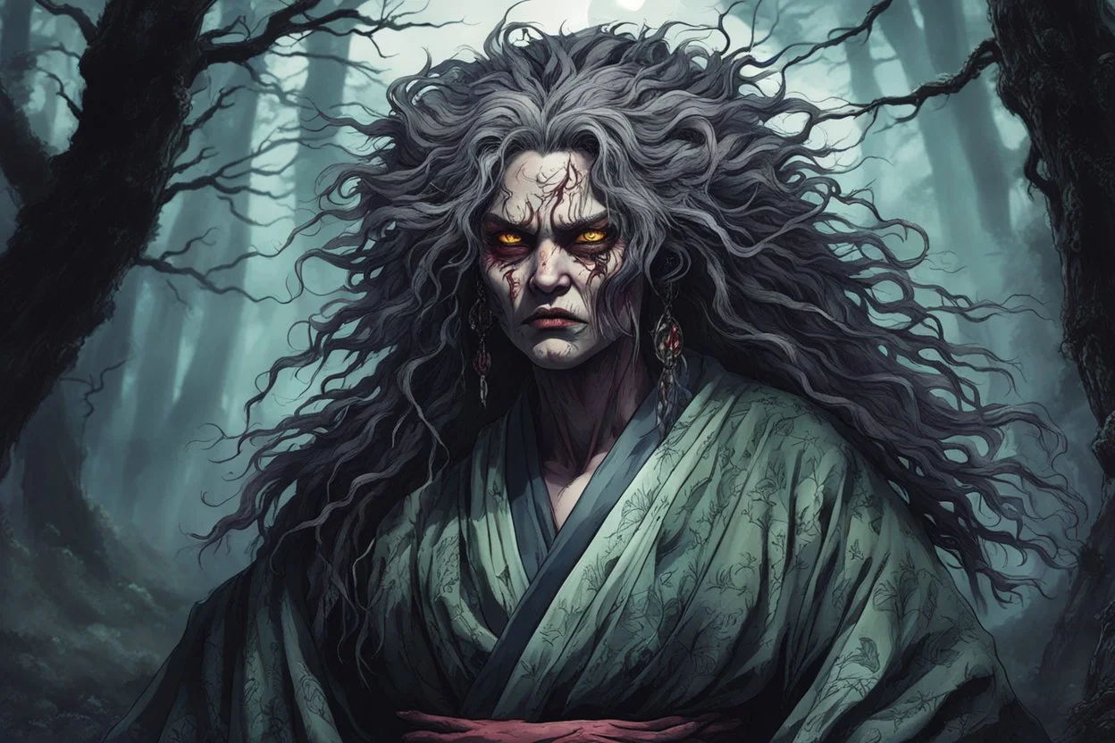 full color front facing portrait of a malevolent female Yama Uba witch in a ragged kimono with highly detailed shaggy hair and slim, aged and withered facial features, in a haunted mountain forest, pierced by shafts of moonlight , 8k , finely detailed and precise line work, soft natural Spring colors