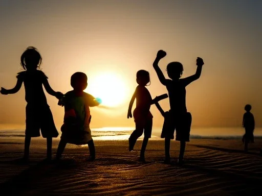 children playing on the Indian beach capture them against the sun and make an art silhouette, hyper details, real sharp, 8k, well detailed, well shaped