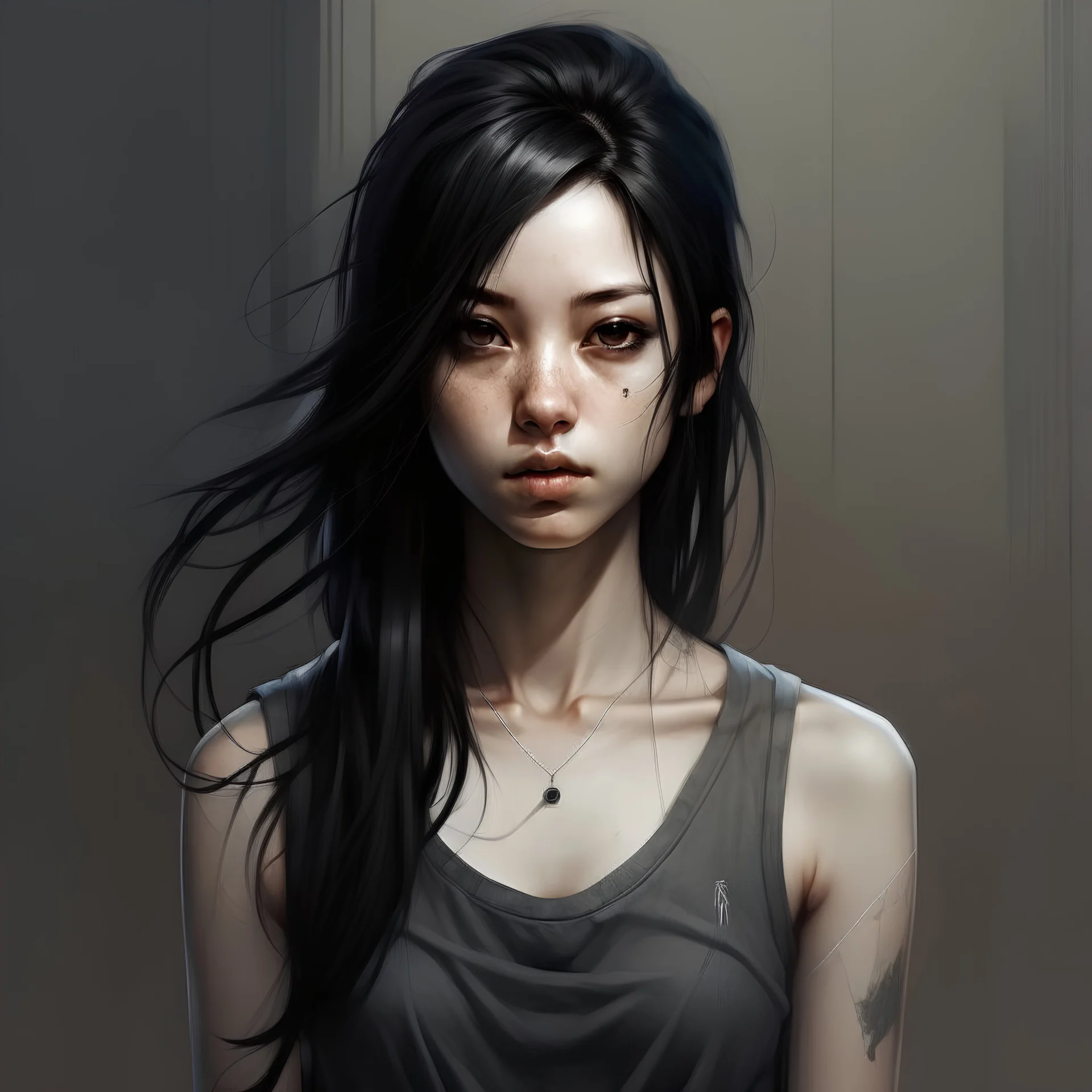 pretty girl, age 15, dystopian, athletic, black hair