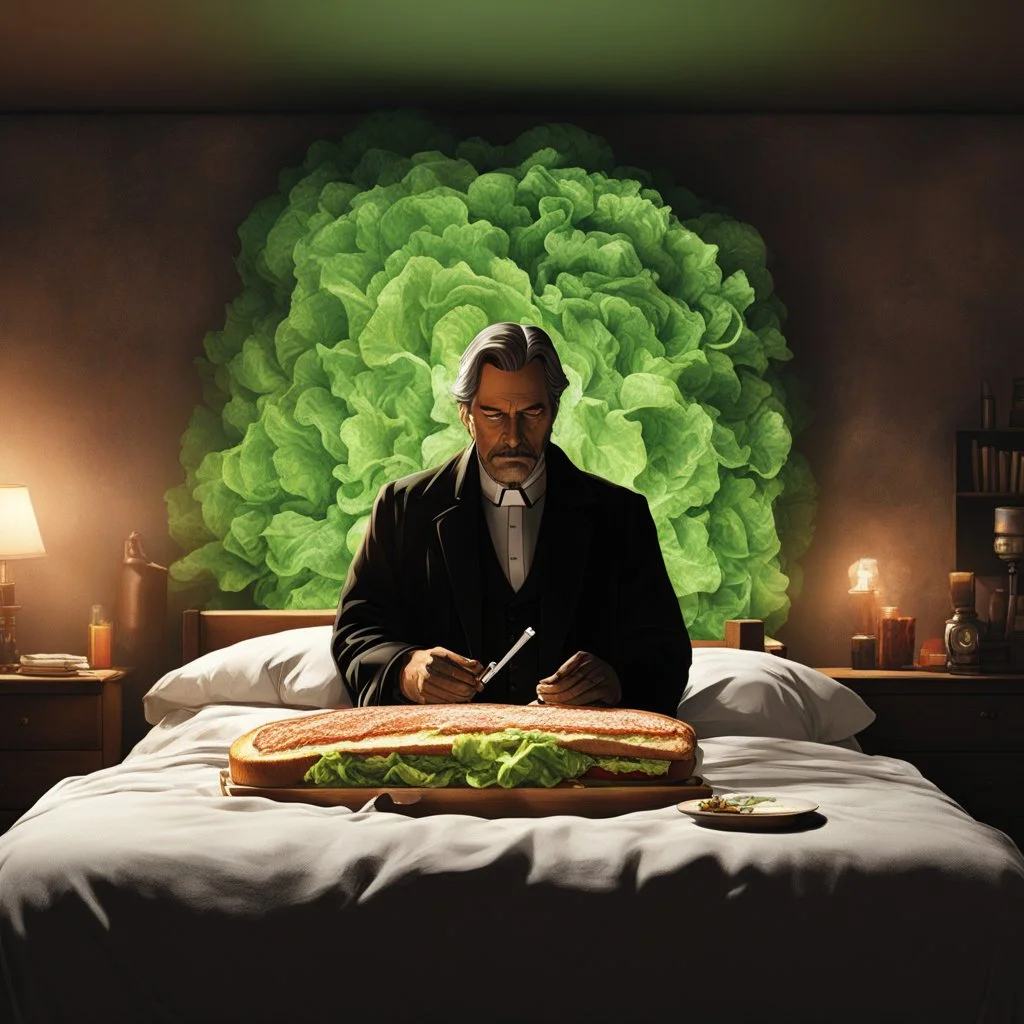 The lone, middle-aged man stands in a desolate messy bed. Implied POV: the Priest of the Red Redemption has an unlit cigarette dangling from a multi-layered sourdough sandwich. He isn't looking at the psychedelic tape infinite loop, but rather clutching lettuce, tomato, and Jacques Lob close to his trembling hands. Twilight in a raw 35mm photograph. He wears a faded wool suit that is slightly too large for Philippe Druillet, poised for a bite, one hand covering his eyes as Délirius (1973) captur