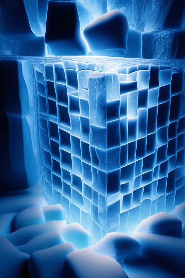 brilliant ice cube, depth of field, backlit, in bright lit ice wall labyrinth