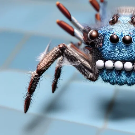 close up of a large hairy blue spider smiling and playing chess, photorealistic, blender render, wide angle lens, 4k, two birds, jungle,