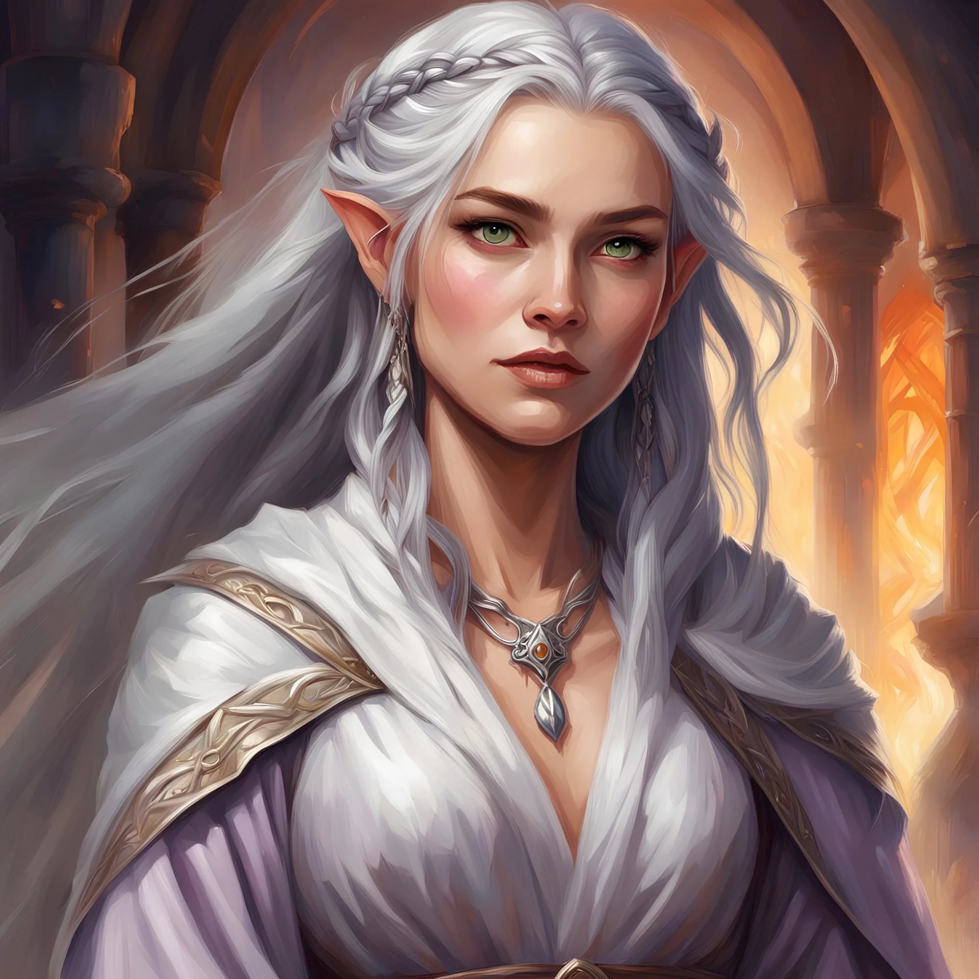 dungeons & dragons; fantasy; female; sorceress; silver eyes; silver hair; braids; young; long veil; teenager; pretty; half-elf; cute; welcoming; confident; elegant clothes; warm colored clothes; flowing robes; traveling; cloak; portrait; oil painting