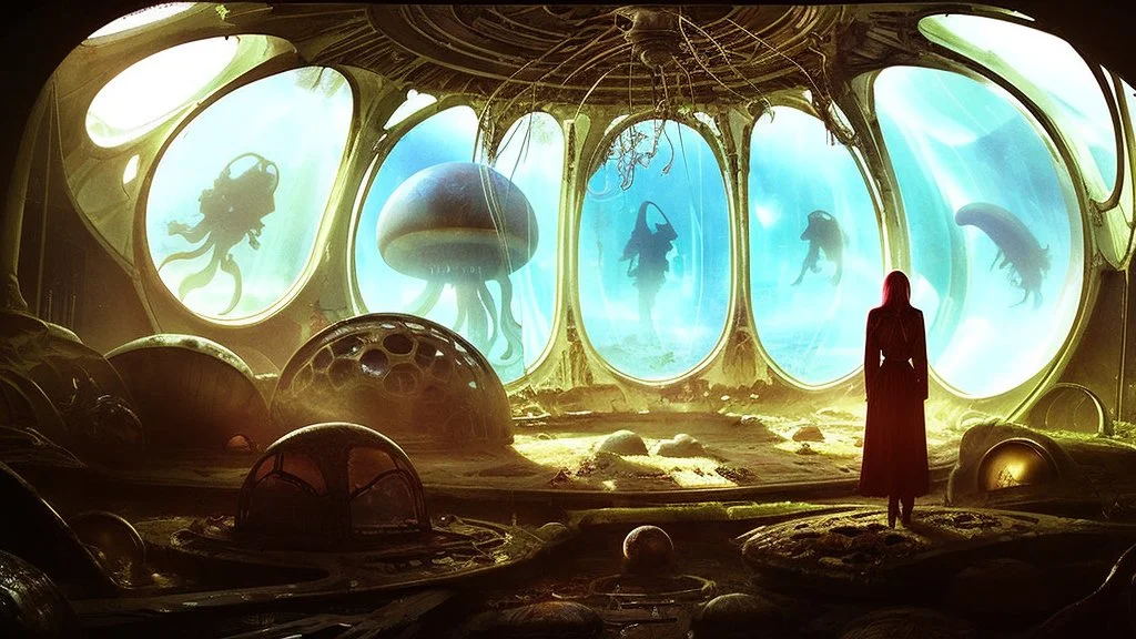 woman standing inside the interior of a ruined alien spaceship, with a circular window, overrun with mushrooms with jellyfish tentacles