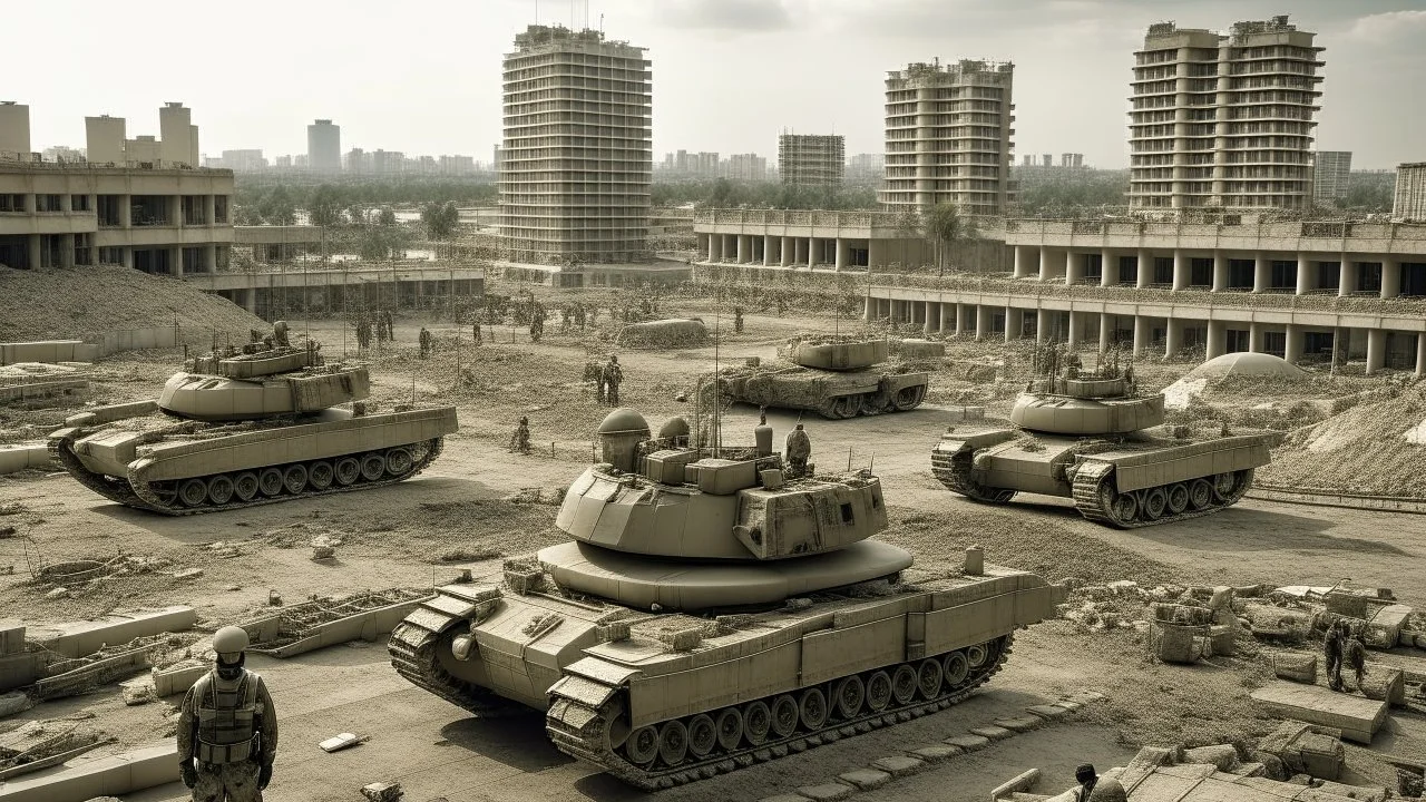 Israeli soldiers and tanks stand on a very large chessboard in the middle of a destroyed city