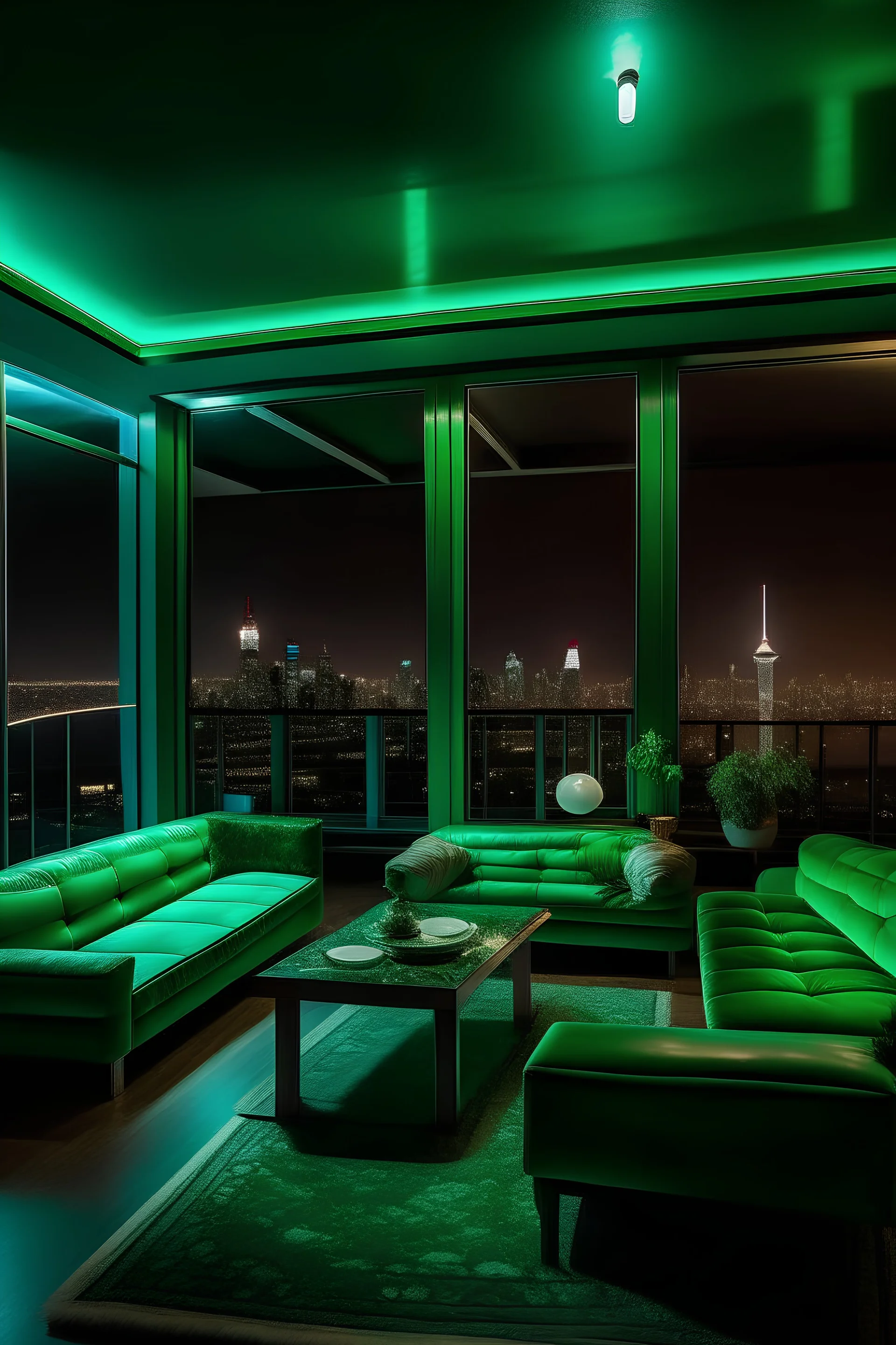 Sage green 80s penthouse in NY at night