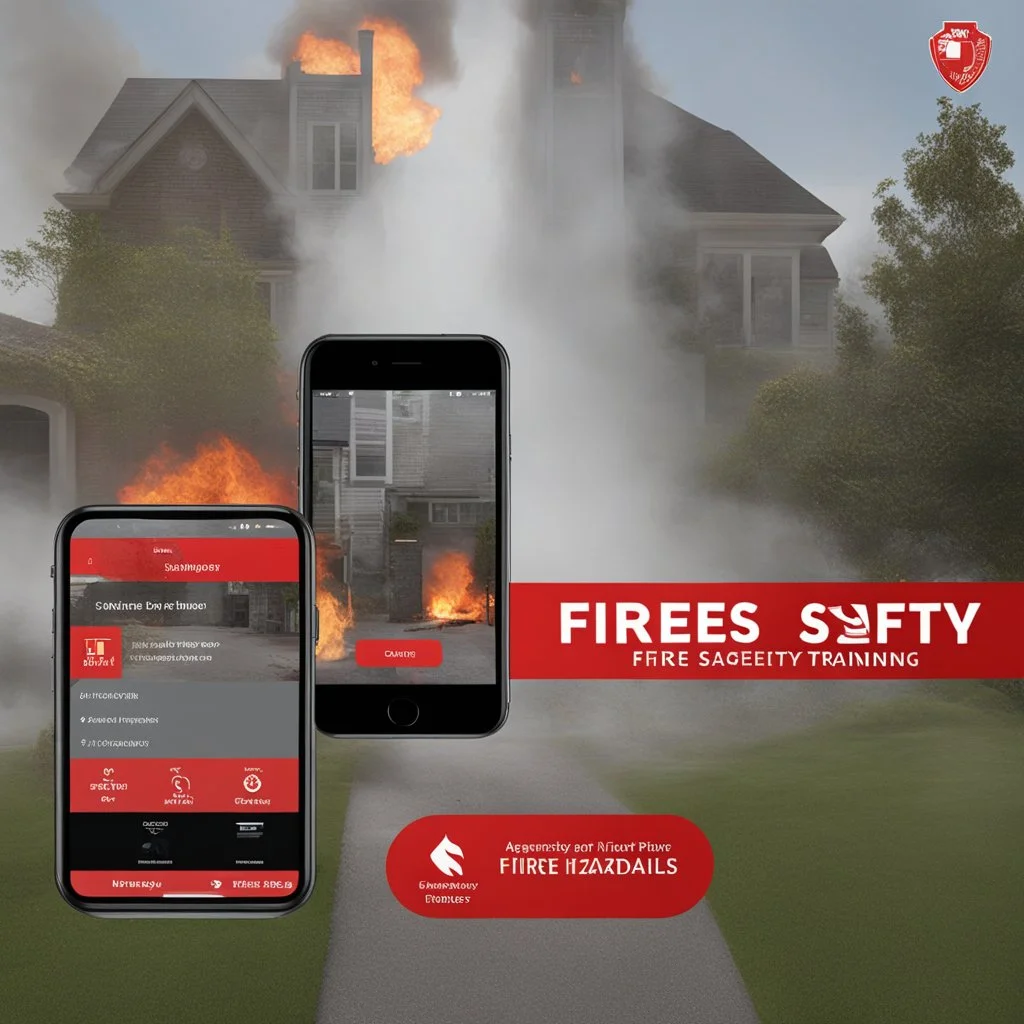 **Content Visual Art:** An augmented reality app that gamifies fire safety training. Users can scan their environment to identify potential fire hazards, practice extinguisher techniques on virtual fires, and learn evacuation procedures. The app features customizable difficulty levels and interface options to accommodate various disabilities. **Appearance:** Content art ideas combine fire safety training, types of fires, equipment usage, and public awareness, with a focus on inclusivity and disa