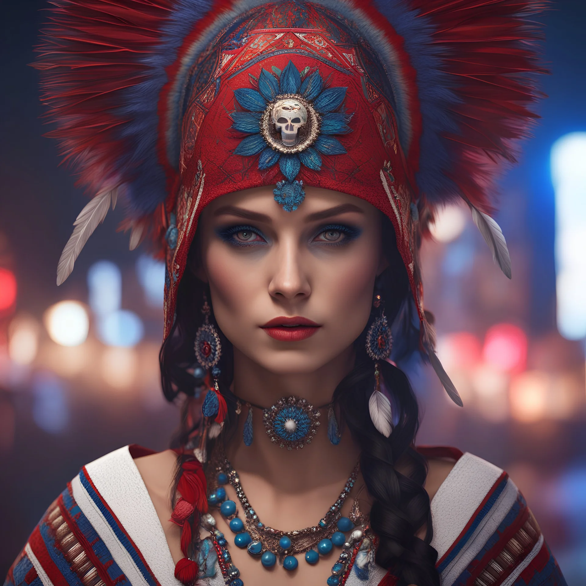 "European young woman, night city, detailed symmetric crocodile eyes, Milky Way, city, red/blue/white Apache national clothing, head feathers, Mexican skull makeup, Intricately Detailed Splash Art Triadic Color Trend Artstation Unreal Engine 5 Volumetric Lighting, Gothic , High resolution, close-up, ambient light, Nikon 15mm f/1.8G, by GIlSam-paio octane rendering depicting innovation and truth, 8k, by Lee Jeffries, Alessio Albi, Adrian Kuipers, glamour, intricate detailed environment, lace, smu