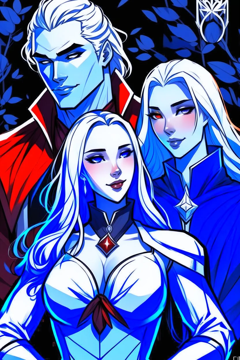 A couple, from the dnd game curse of Strahd. The woman has long white hair and blue eyes, the man is handsome and young and has LONG BLACK hair and red eyes, no facial hair.