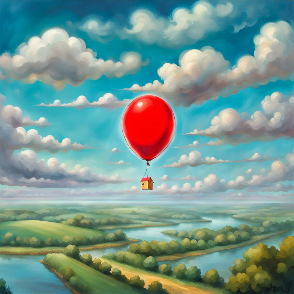 fantasy 90's tcg art of a single red balloon with a strange smiley face floating in the daytime sky with clouds