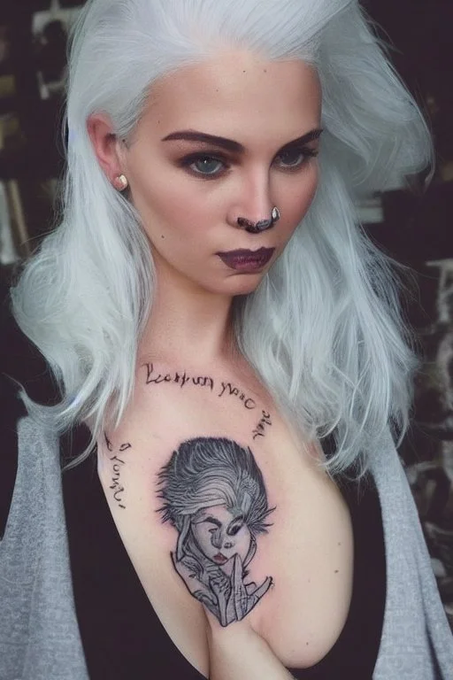 a woman white hair luxury stlye tatto in a street