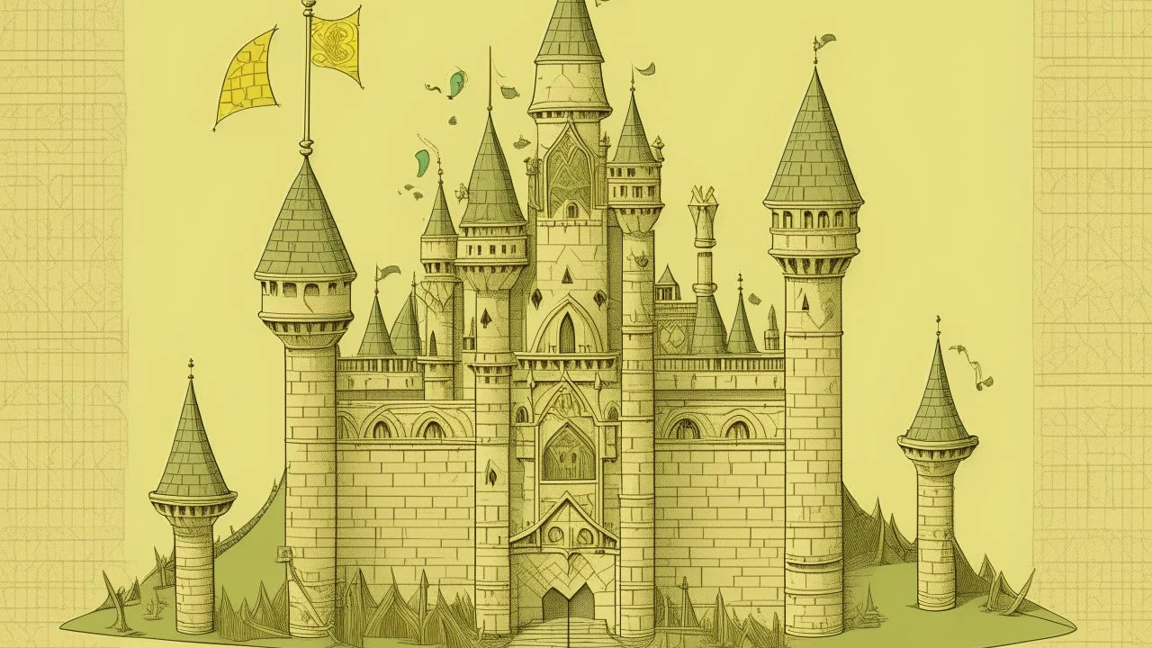 A pale greenish yellow castle with bows and arrows designed in ancient Egyptian hieroglyphics painted by Lucas van Leyden