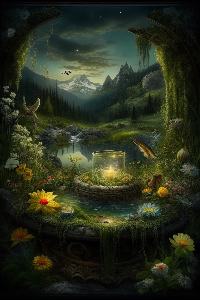 Hyperrealism against the background of a spring landscape in the forest +mirror with a tsunami whirlpool +mountains +ritual +candles+dried flowers+wildflowers+moss++decoupage of flowers+embroidery technique+braided beads+vine+moonlit night,fabulous landscape,surrealism,realism,naturalism,dot technique,microdetalization,high detail objects,digital illustration,volumetric clarity,dark fantasy,dark botanical, professional photo