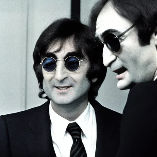 Tom Snyder in a suit leaning forward as he interviews John Lennon, 1980s