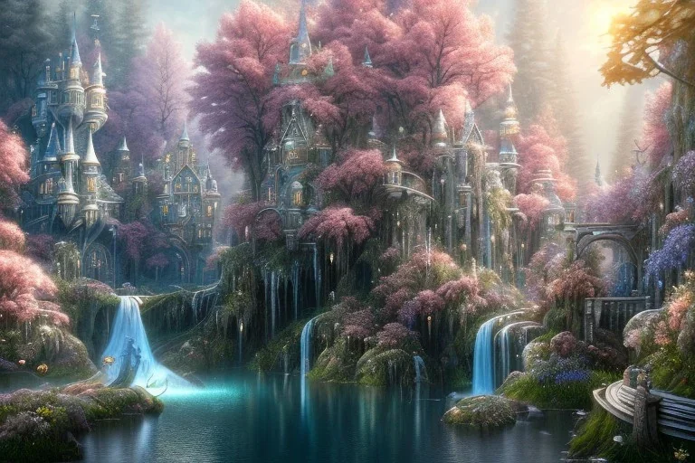 a fairy tale style, white gold castle，waterfall, flowering trees, full of details, matte painting, concept art, smooth, bright sunshine，soft light atmosphere, blender unreal engine，light effect，rtx on，vaporwave colorful, artstation, concept art, smooth, extremely sharp detail, finely tuned detail, ultra high definition, 8 k, unreal engine 5, ultra sharp focus, illustration, magic ambient, asiatic