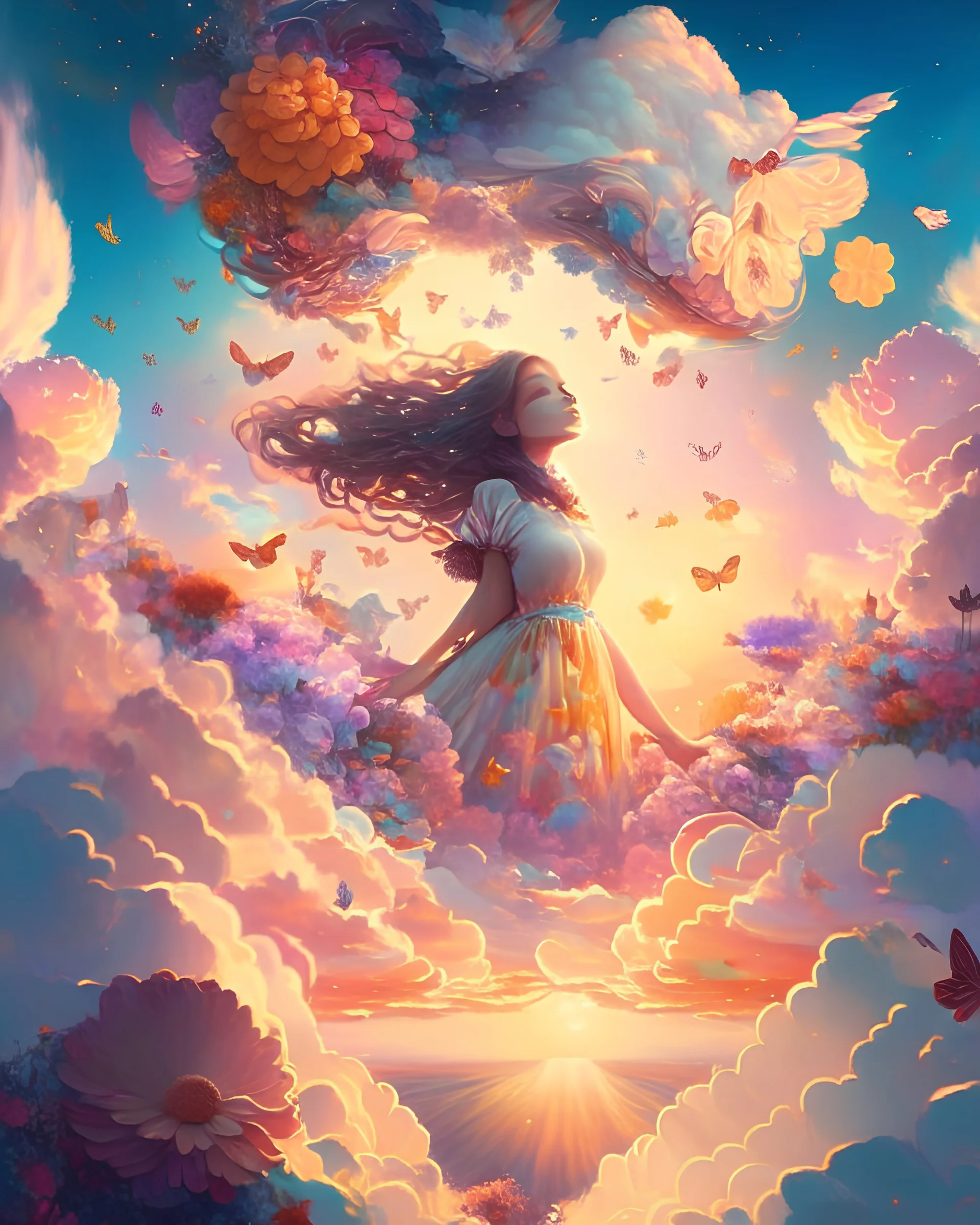 A dreamy and surreal composition of a woman floating among the clouds, surrounded by whimsical elements like flowers, butterflies, and rainbows, with a sun setting in the distance.