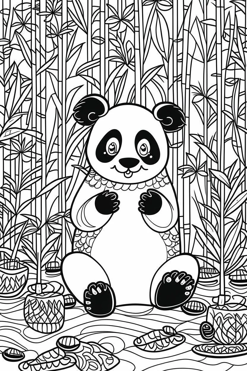 HAPPY NEW YEAR coloring page for kids, Panda munches on bamboo in patterned backdrop, thick outline, low details, no shading, no color