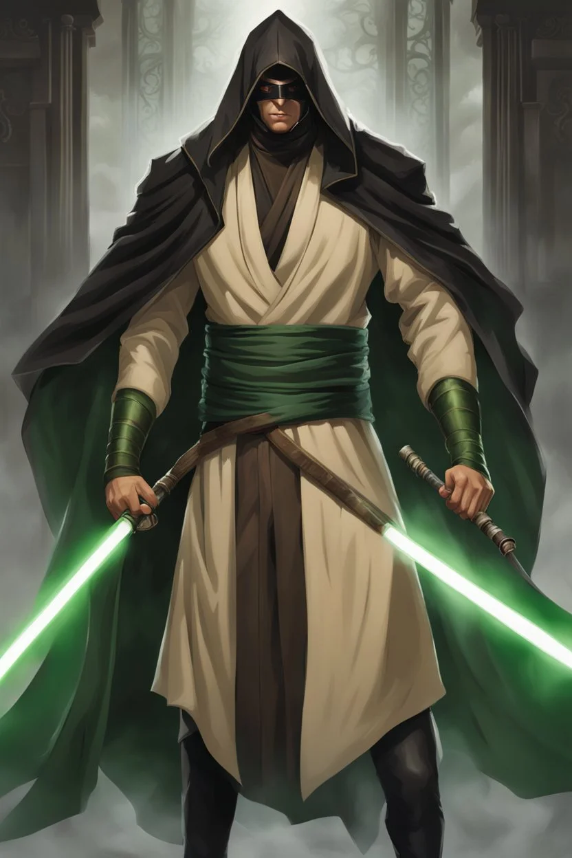 Full Body, Male Tan Human, Sith, Blindfold, Green and Black Robes, Handsome face, Black hair.