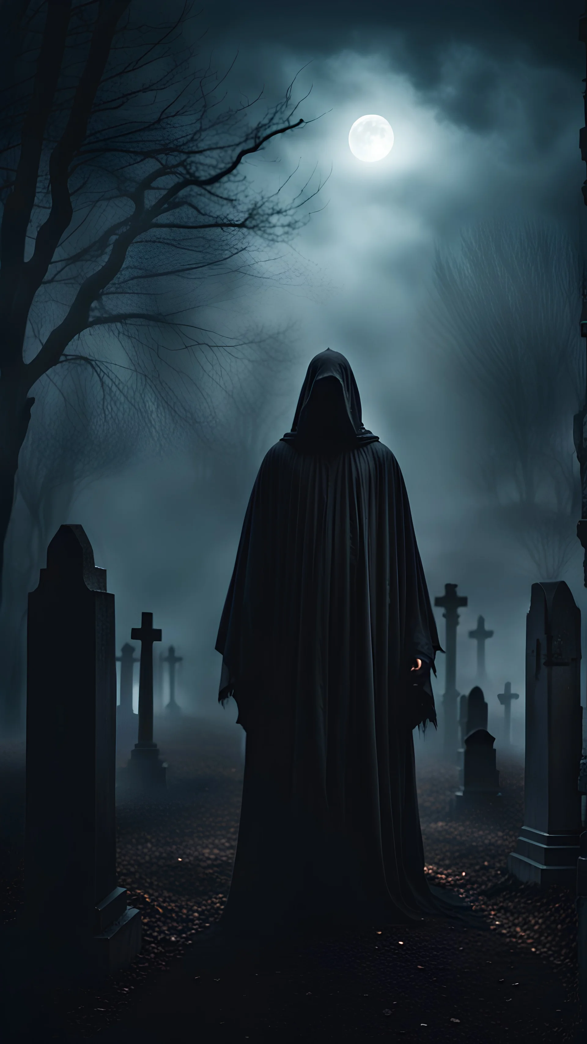 A mysterious creepy giant figure in a black robe rises through the fog over a dark, ominous cemetery at night. Cinematic style.