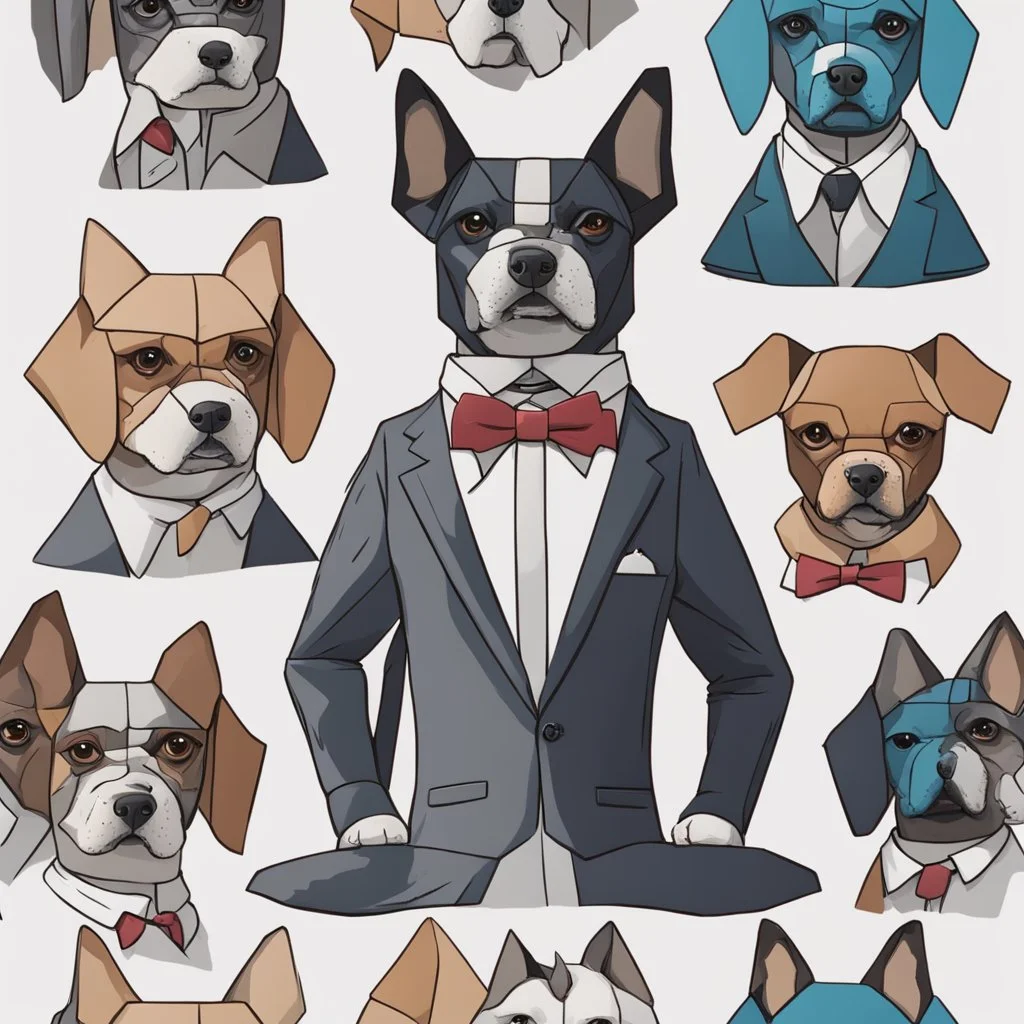 make one realistic business dog that is made of shapes and has a suit on looks a little like crystals with arms