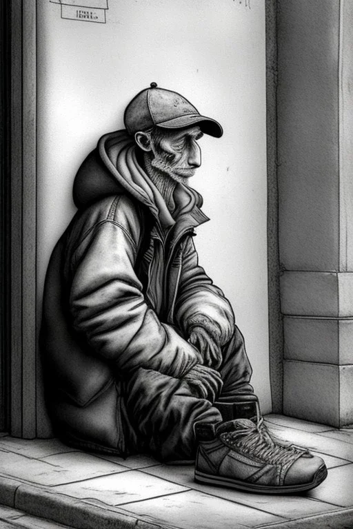 One single mature homeless cockatoo with worn out clothes, sleeping in a corner on the street, Vienna, mourning, model style, hyper realistic, extremely accurate, delicate, extremely detailed, Graphic novel style, wide-angle, open aperture, superfine pencil