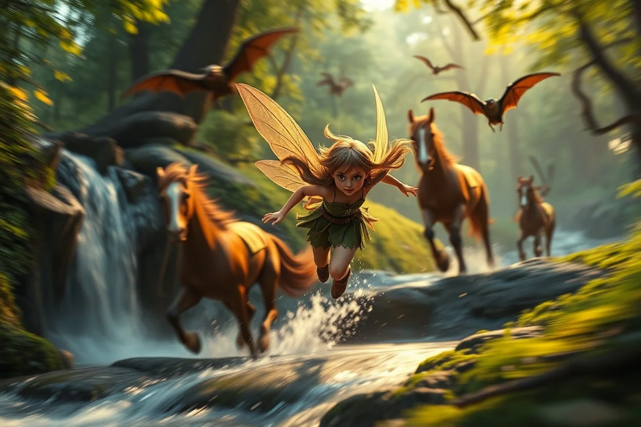 volumetric light, oil painting ,evening and motion blur running caped long haired pixie Quickling - Forgotten Realms dodging flying bats above water fall and along winding branches in lush green forest along speeding horses , bokeh like f/0.8, tilt-shift lens 8k, high detail, smooth render, down-light, unreal engine, prize winning