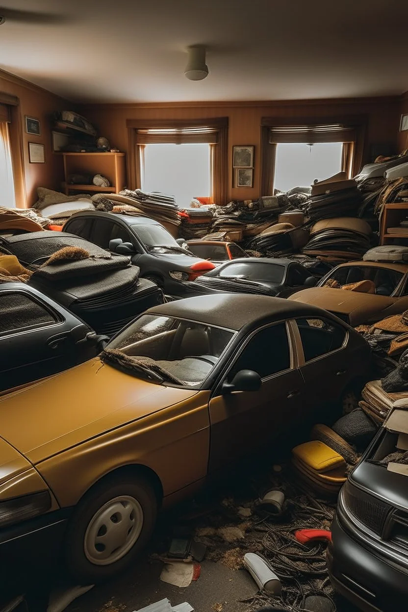 small room full of piled up cars