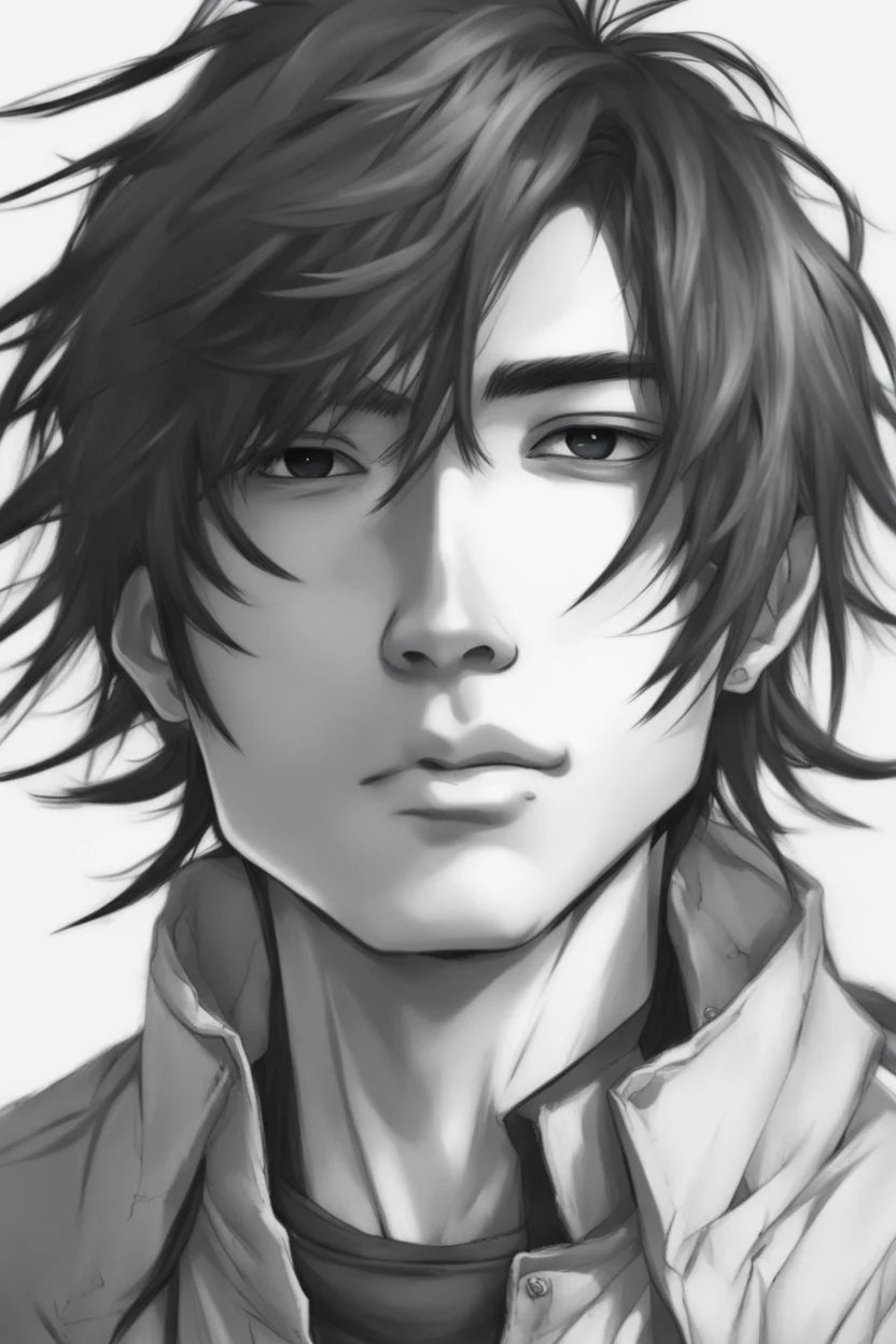 Anime man messy black hair realistic