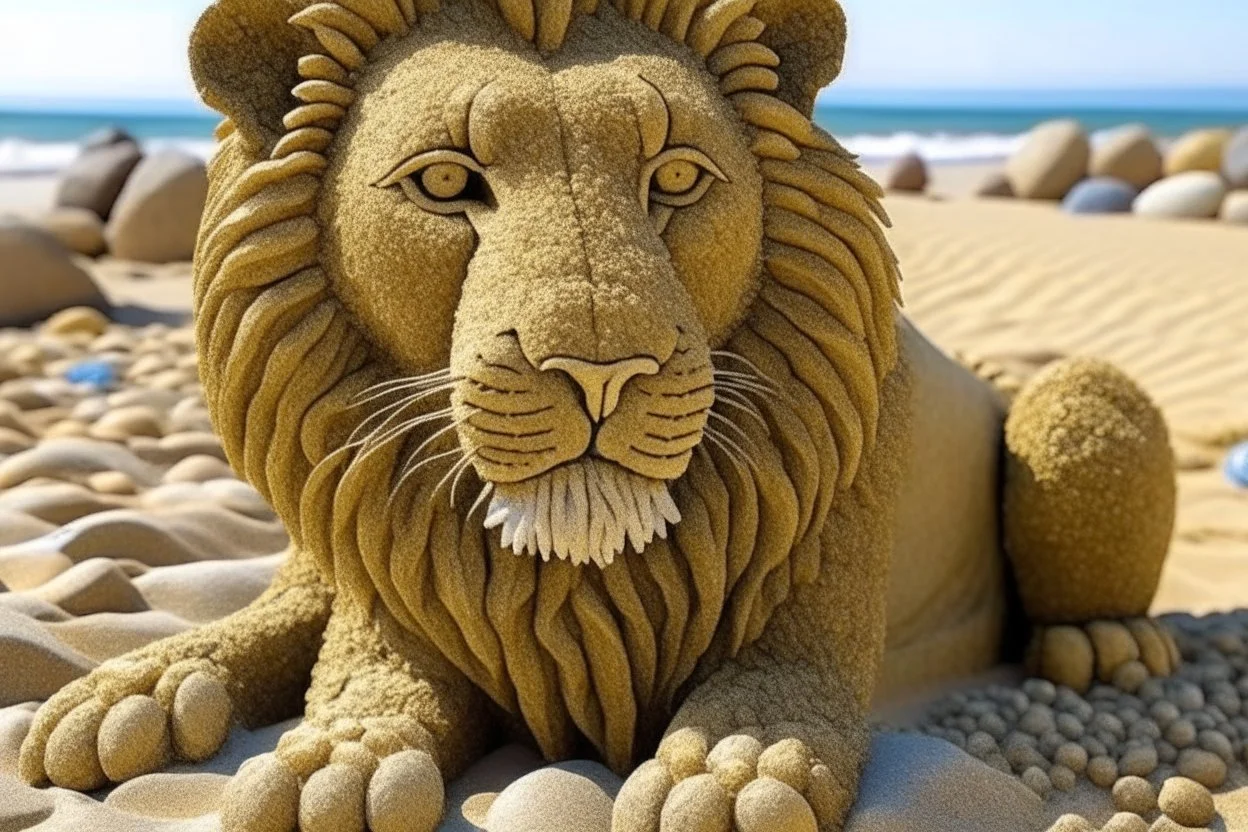 lion made of pebbles in sand