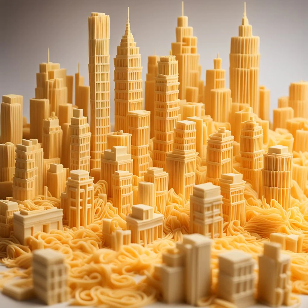 A city including skyscrapers made entirely out of pasta