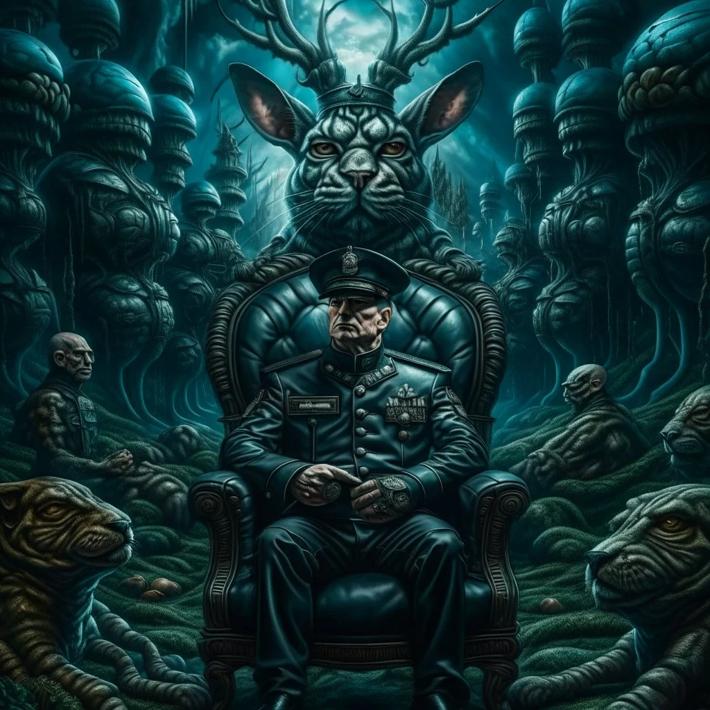 portrait of macho army officer on a bar chair inside mushroom grove with huge fluffy space chinchilla in the style of Giger, 4 k, down-light, soft light, depth of field, photo realism, trending on art station, high detail, spray paint