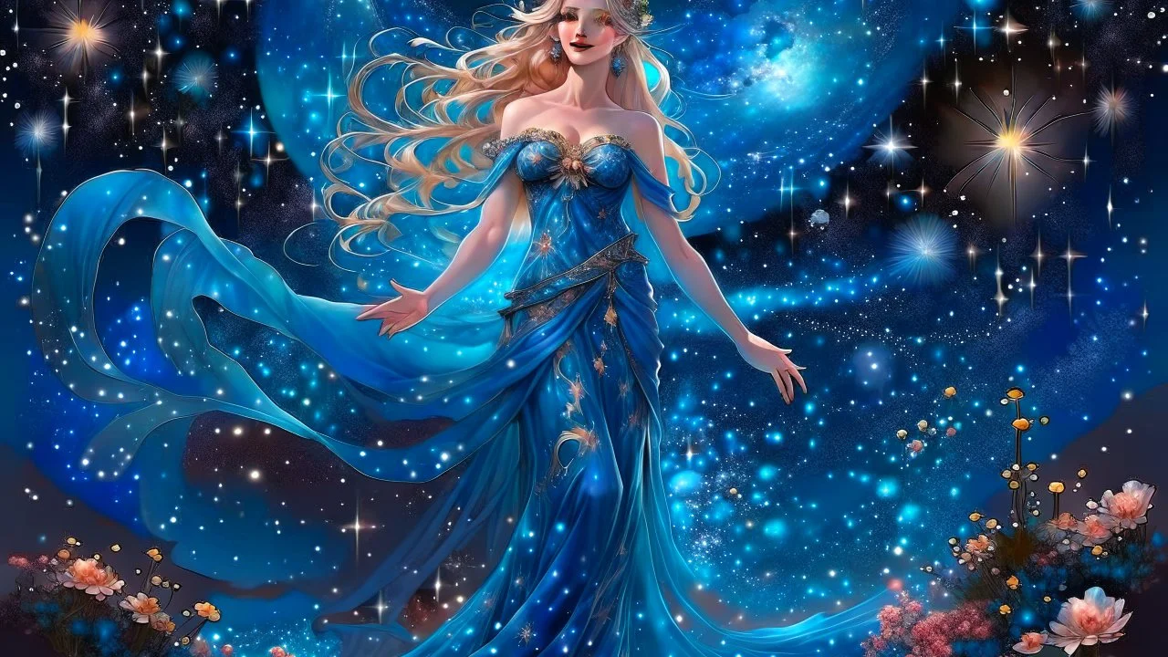 Create an image of a full body cosmic Goddess. The goddess should be depicted as a beautiful and powerful figure, surrounded by cosmic stars. Her hair should be long, blond and flowing, beautiful smiling face and she should be dressed in a flowing gown blue celestial robe. In the background, include imagery of pink flowers, blue sky,trees. The image should evoke a sense of joy, celebration, and spiritual connection to nature.