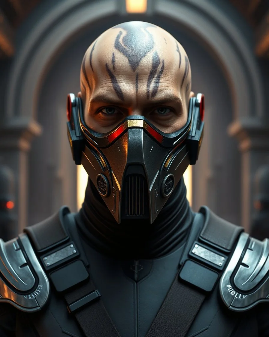 heavily scarred head bald male corellian jedi wearing gunmetal grey and black old republic armored flightsuit and breath mask with gold and metallic red trim inside the jedi temple, centered head and shoulders portrait, hyperdetailed, dynamic lighting, hyperdetailed background, 8k resolution, volumetric lighting, light skin, fully symmetric details