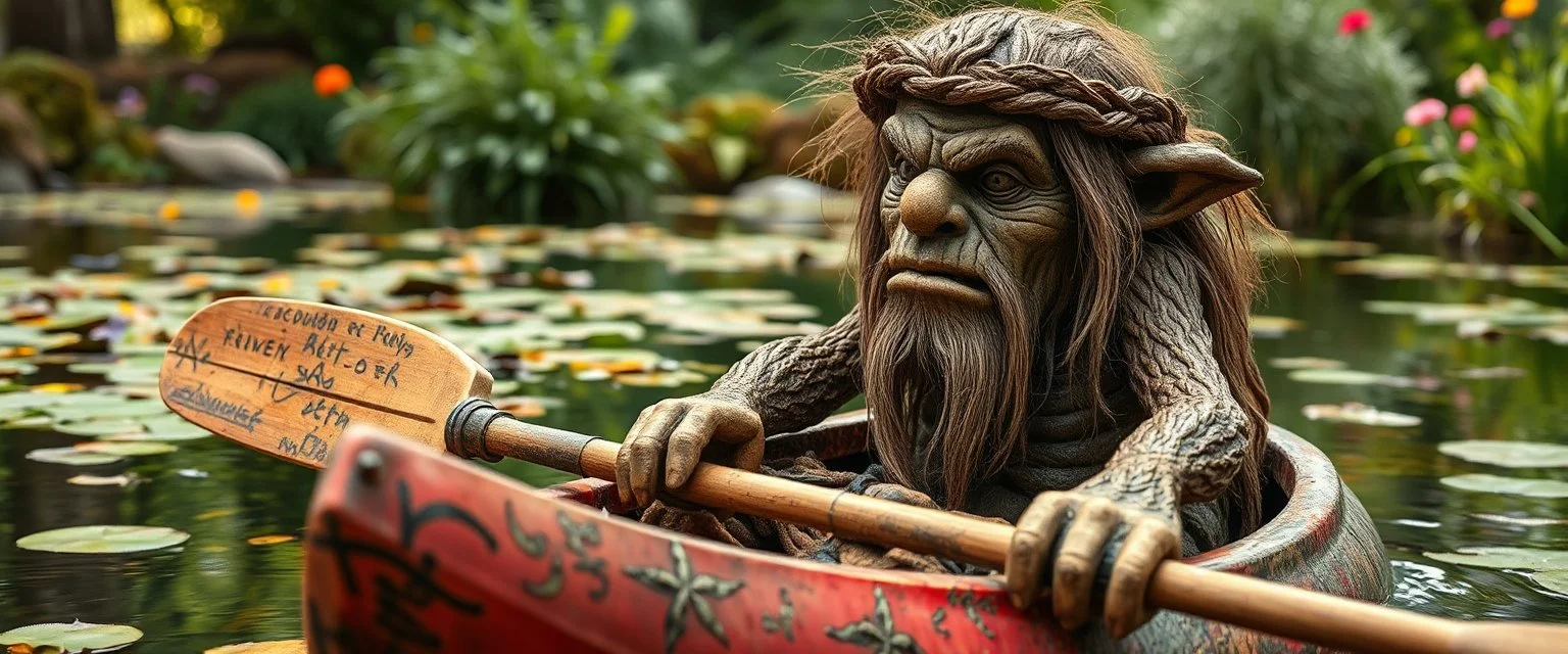 garden ancient troll in kayak