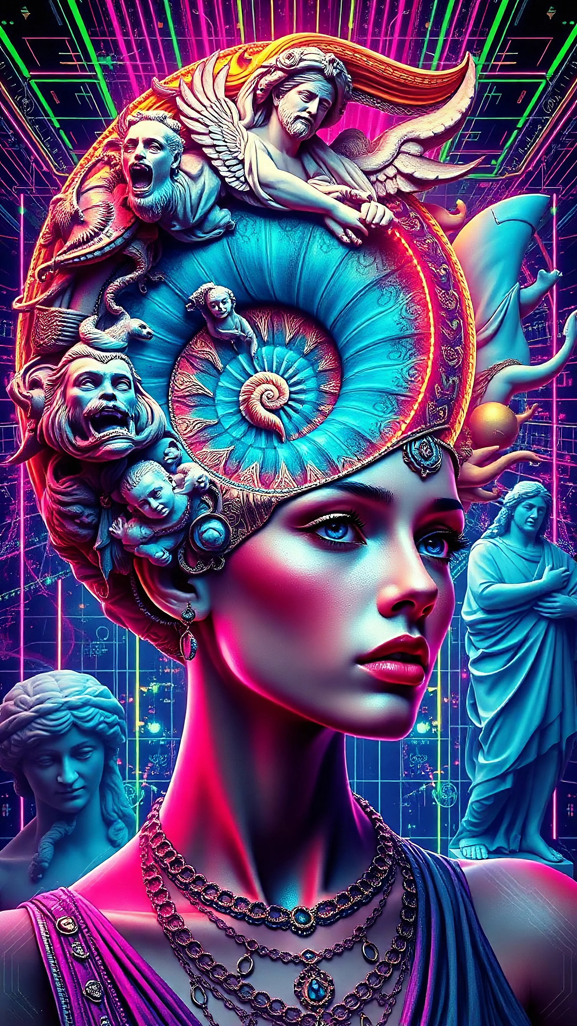 A surreal futuristic portrait of a woman with a spiral nautilus shell as her headpiece, blending vivid psychedelic colors and intricate patterns. Classical Greek and Roman sculptures surround her, emerging from the spiral like gods of mythology, Neuve,surreal vibe, abstrack geometri, absurd, multi eksposurBackground features a neon cyberpunk grid and abstract digital elements. Highly detailed, vibrant, dreamlike, sci-fi-meets-classical aesthetic, ultra HD, cinematic lighting.