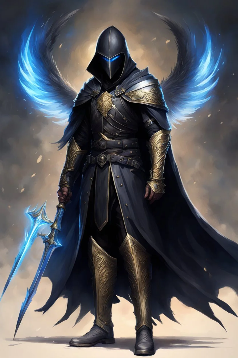 A commander with a black cloak and a long coat with long combat boots and a long spear with his Helmet is golden under his cloak like assasins With a magical power in his hand and a white anklet and boots With blue flame eyes,It has two black wings on its back