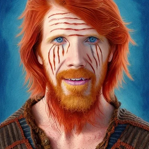 Portrait of Courtney Gains as a ruggedly handsome but joyful roguish pirate, charismatic, attractive male, masculine, perfect, precisely detailed, lightly freckled face, unblemished, flawless skin; meticulously detailed multi-hued ginger carrot colored cherry fire red hair; Malachai of the corn; fantasy, intricate, elegant, highly detailed, digital painting, artstation, concept art, matte, sharp focus, illustration, art by artgerm and greg rutkowski and alphonse mucha