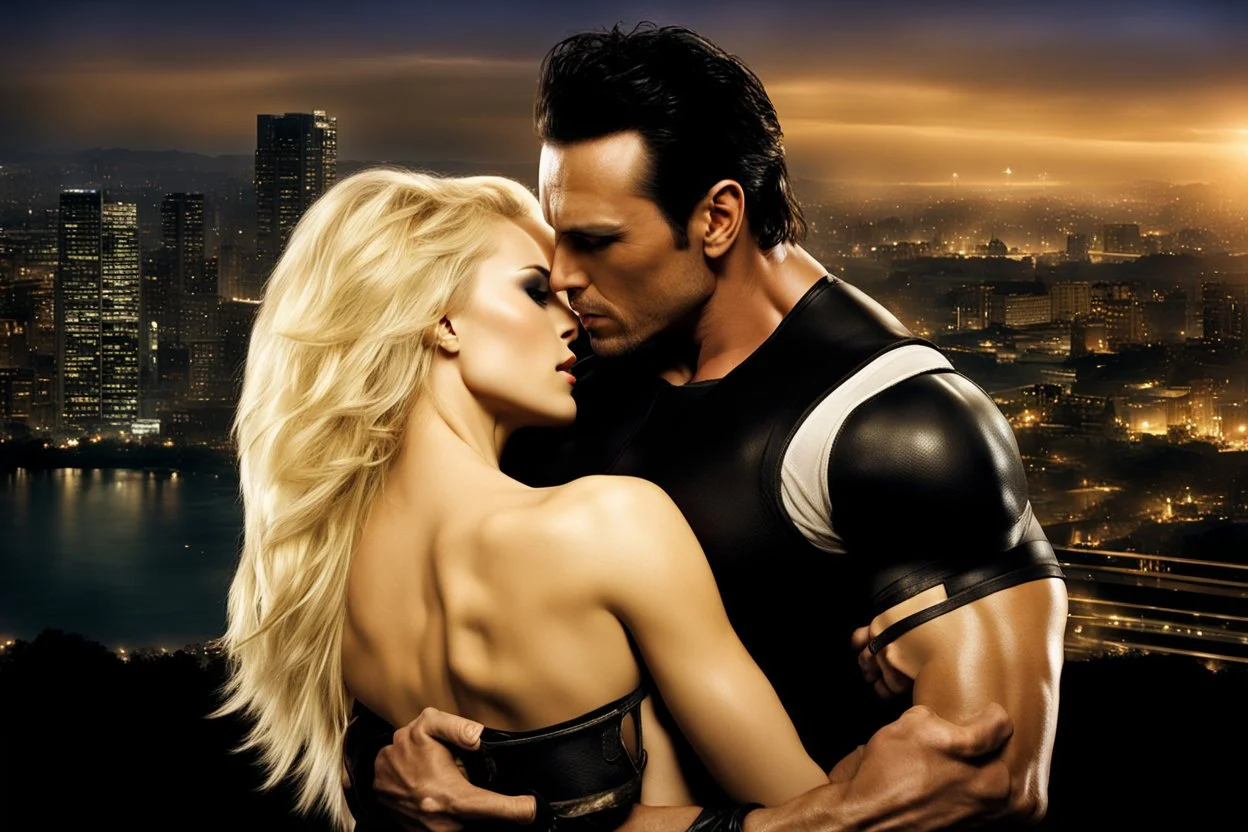 Jason David Frank as very muscular dark haired man hugging pretty blond haired woman, photo realistic, dark fantasy, cityscape