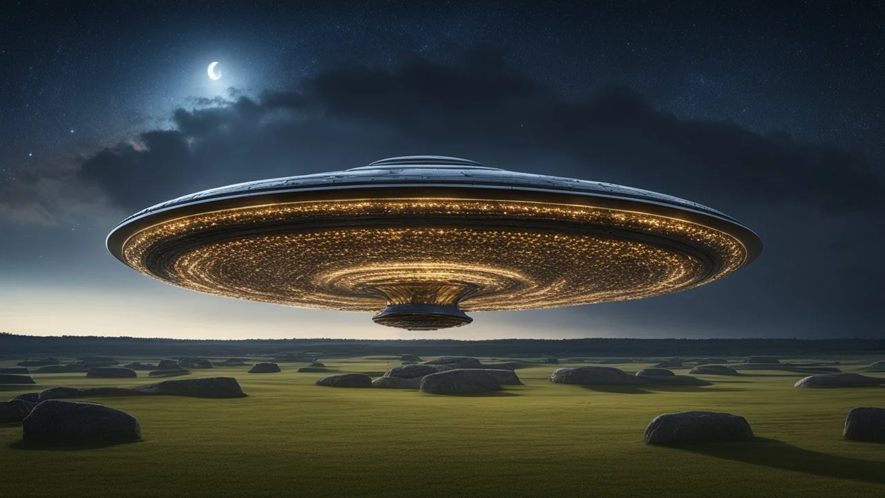 spectacular flying saucer with flashing lights and windows, landing near Stonehenge, night, dark sky, stars, moon, exquisite composition, beautiful detailed intricate detailed octane render, 8k artistic photography, photorealistic, perfect light, chiaroscuro, award-winning photograph, masterpiece