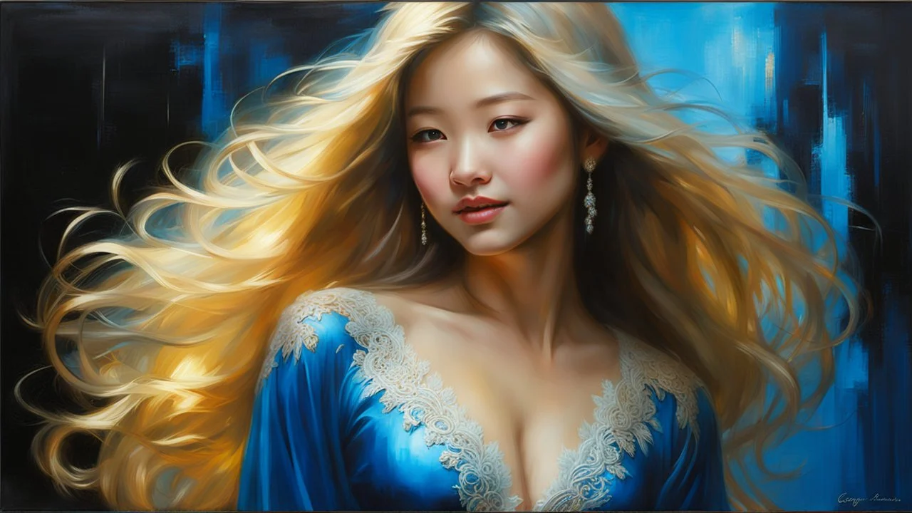 In Casey Baugh's evocative style, art of a gorgeous young smiling asian girl with long blonde hair, blue eyebeautiful breast, and ass, futuristic, lace, elegant, highly detailed, majestic, Baugh's brushwork infuses the painting with a unique combination of realism and abstraction, greg rutkowski, surreal gold filigree, broken glass, (masterpiece, sidelighting, finely detailed beautiful eyes: 1.2), hdr, realistic painting, natural skin, textured skin, closed mouth, crystal eyes, butterfly filigre