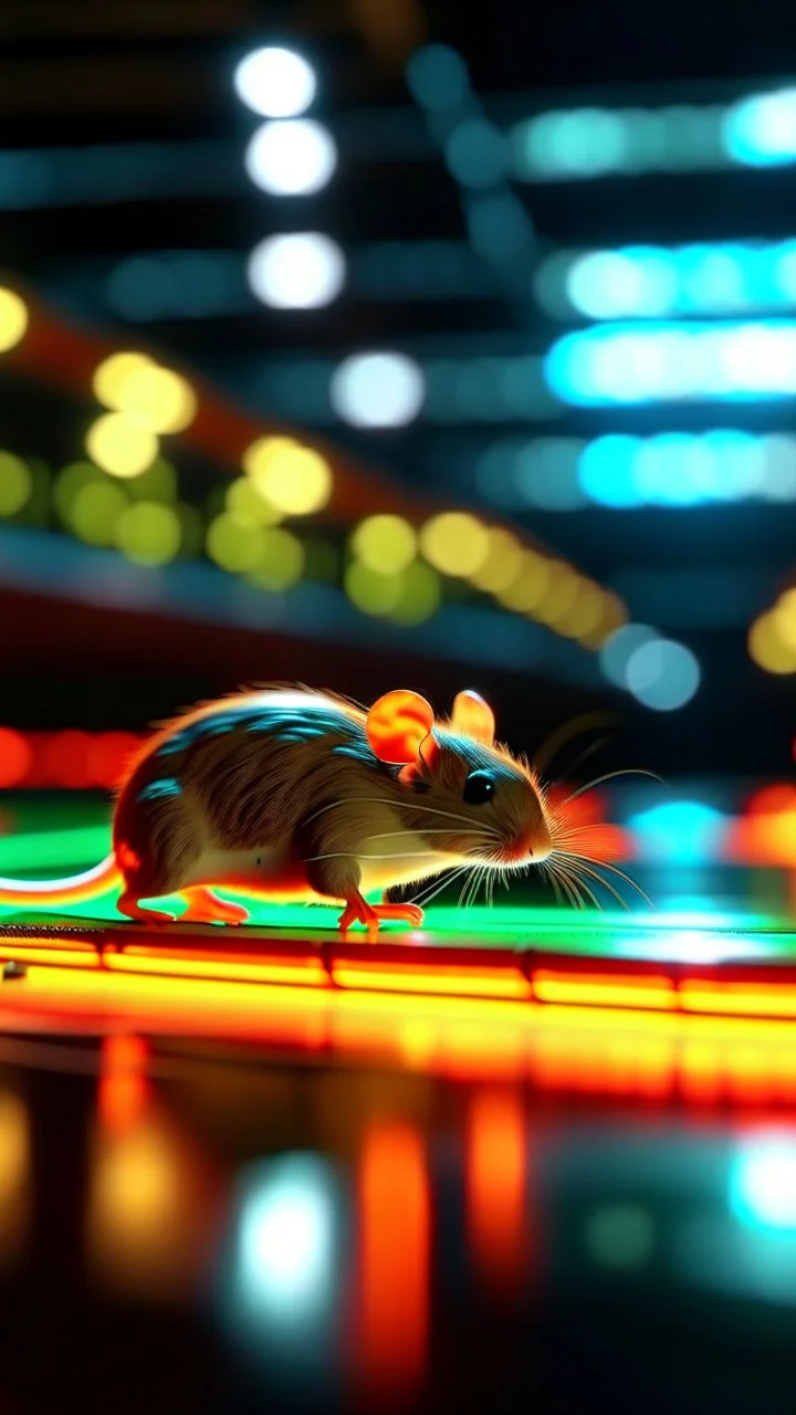 racing mouse on glowing neon racing track for rc scooter, shot on Hasselblad h6d-400c, zeiss prime lens, bokeh like f/0.8, tilt-shift lens 8k, high detail, smooth render, down-light, unreal engine, prize winning