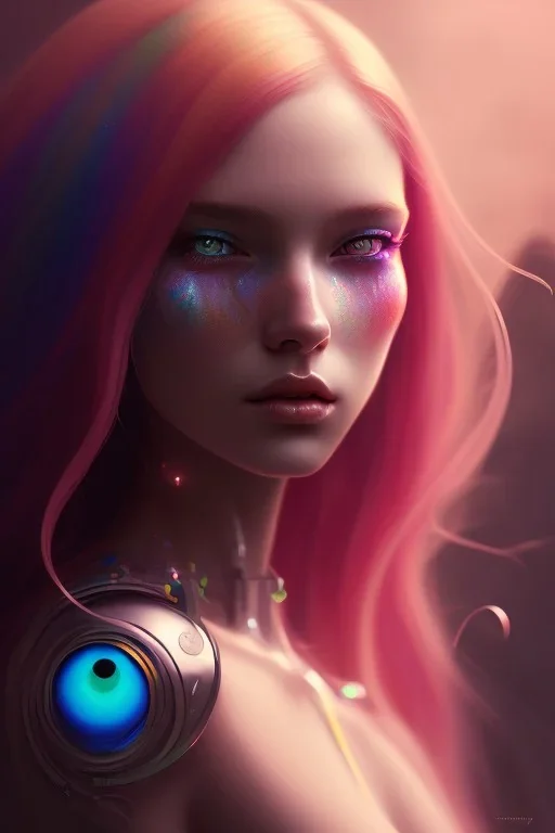 girl, cute, beautiful, long hair, rainbow hair, rainbow dress, devil eye, robotic, close up portrait by Greg Rutkowski